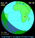 Зона полного солнечного затмения  21 Июня 2001г. на карте Земли